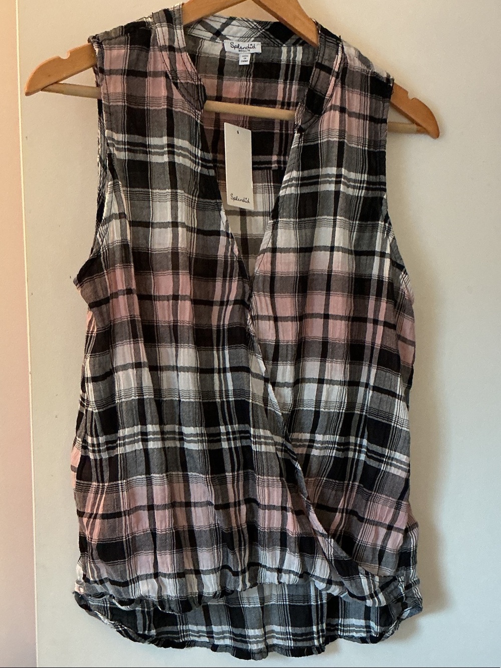 Splendid Pink & Black Plaid Sleeveless Wrap Top